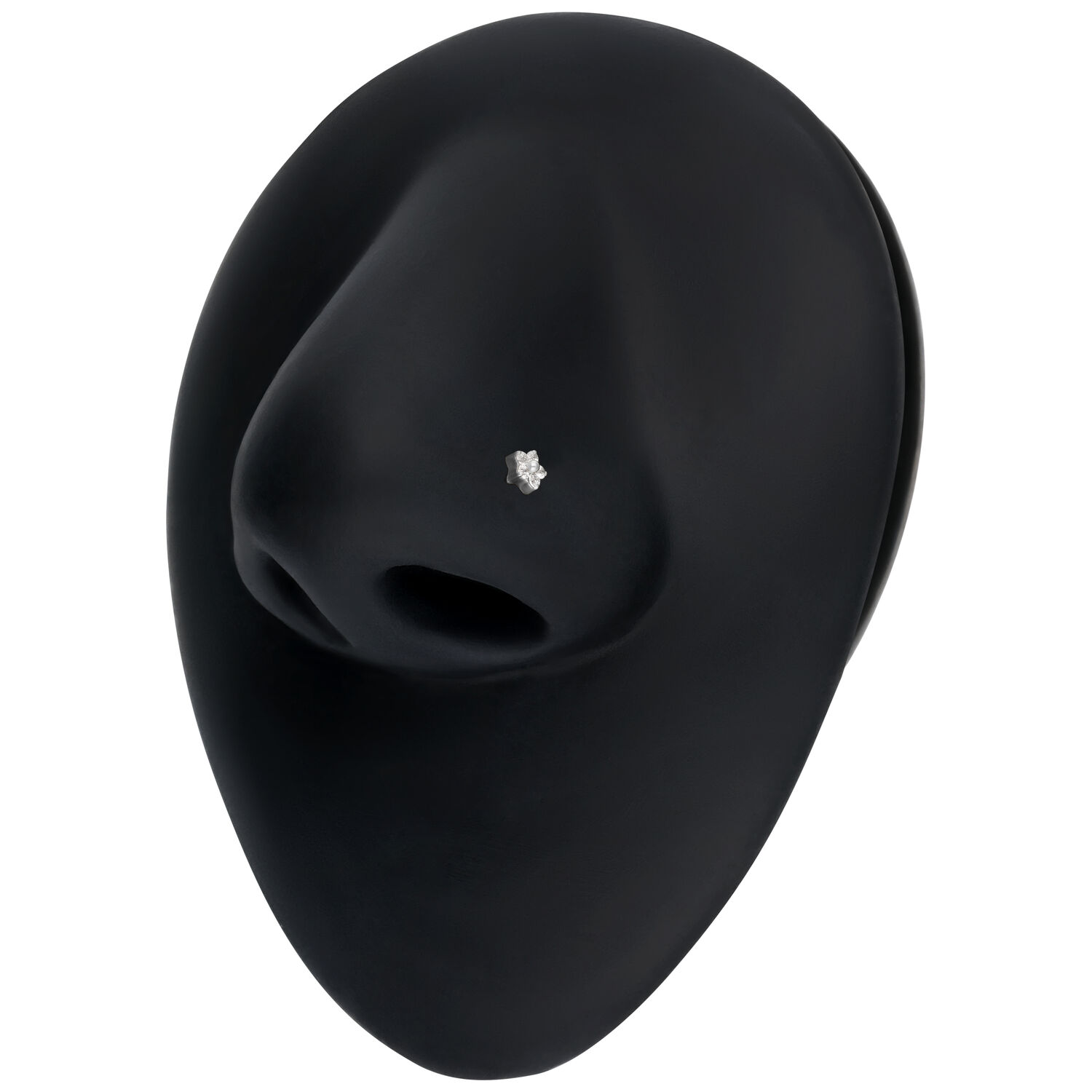 Accesorio de Piercing de Cristal de Titanio Plateado Accesorio de cristal plateado en modelo de nariz negro sobre fondo blanco