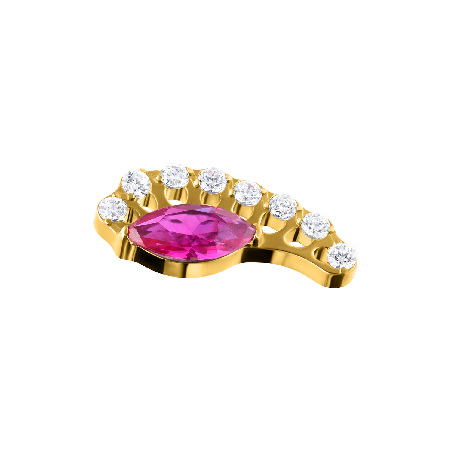 Accesorio de piercing dorado con cristal rojo ovalado y piedras claras sobre fondo blanco