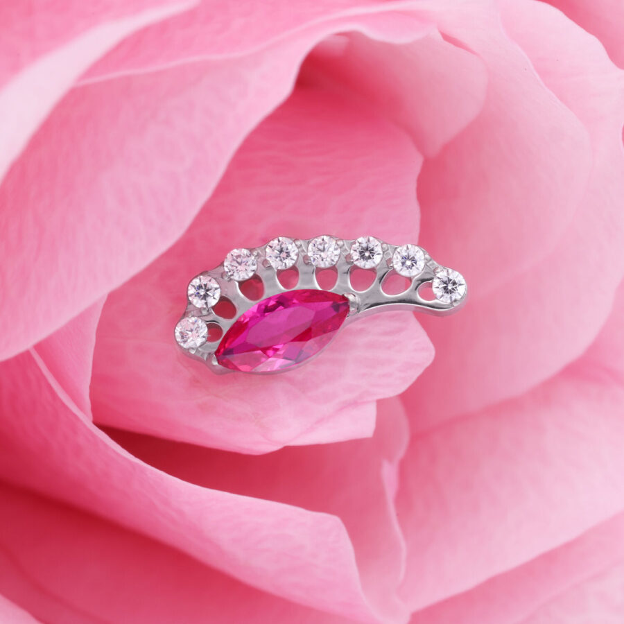Ajuste de plata con cristal rojo ovalado sobre pétalo rosa