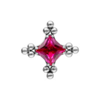 Accesorio plateado con cristal rojo rubí y patrón de burbujas sobre fondo blanco