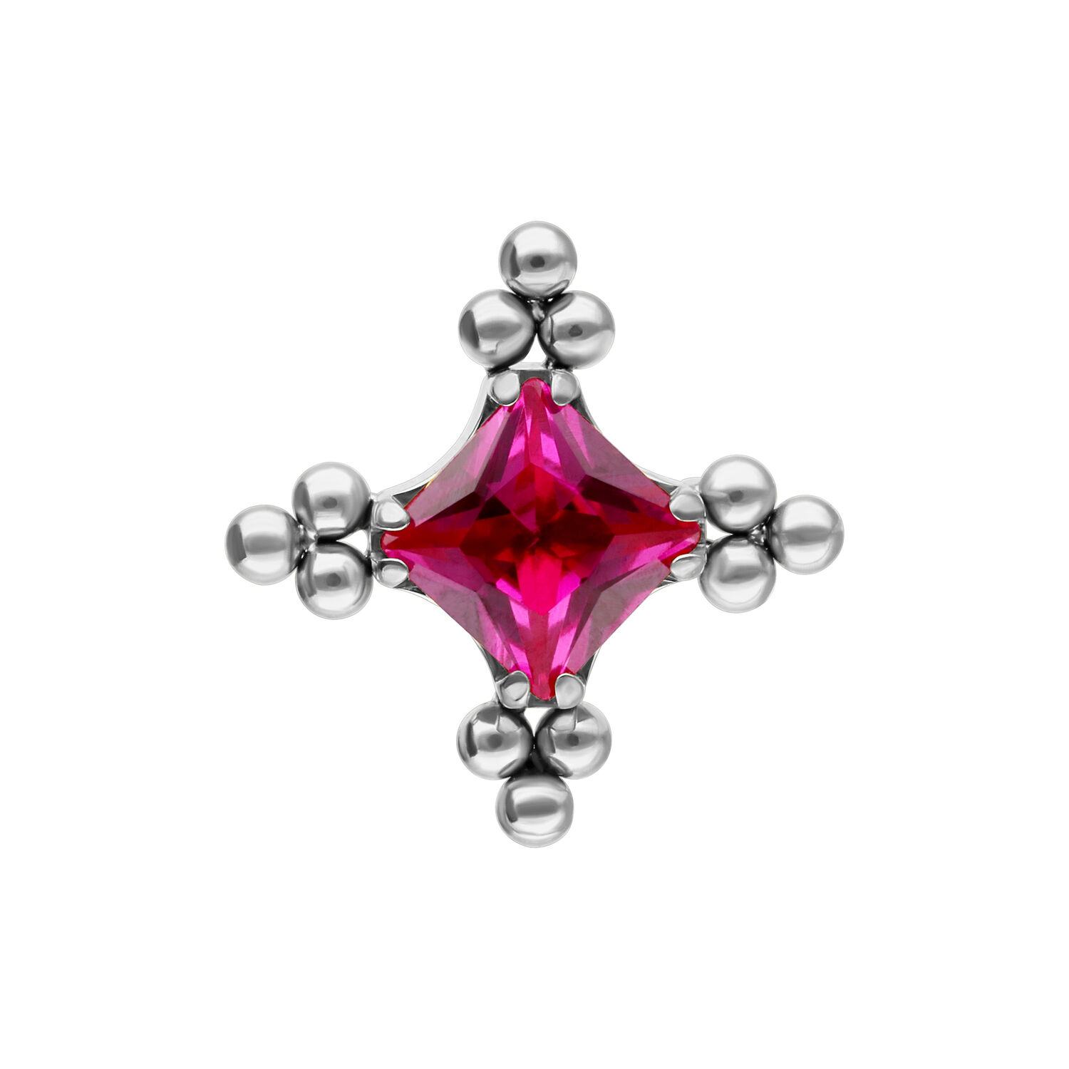 Accesorio plateado con cristal rojo rubí y patrón de burbujas sobre fondo blanco
