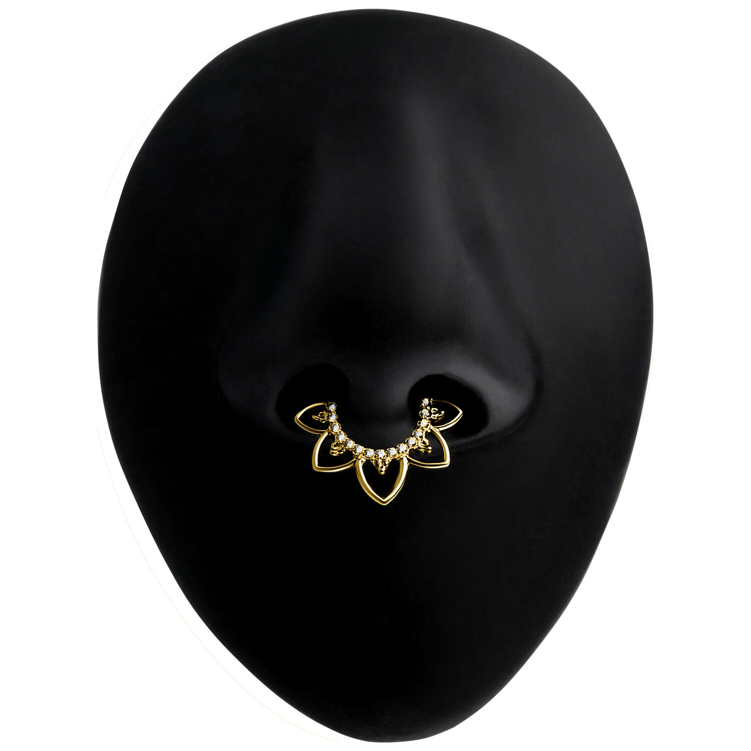 Máscara negra con clicker de septum dorado con adornos de cristal