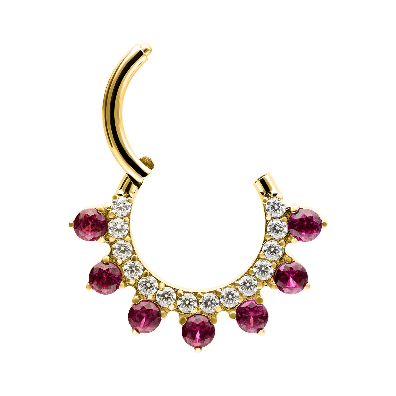 Anillo de piercing clicker dorado con cristales rojos y claros sobre fondo blanco