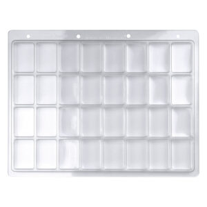 Blíster transparente con 32 compartimentos sobre fondo blanco