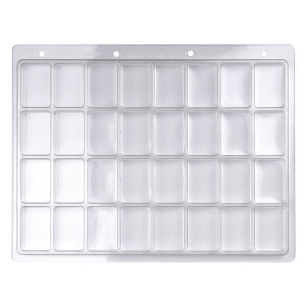 Blíster transparente con 32 compartimentos sobre fondo blanco