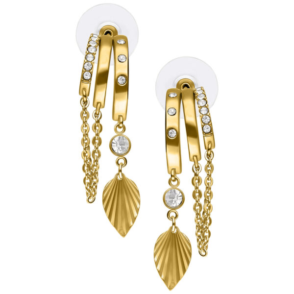 Dos pendientes dorados con colgantes de hoja y cadenas sobre fondo blanco