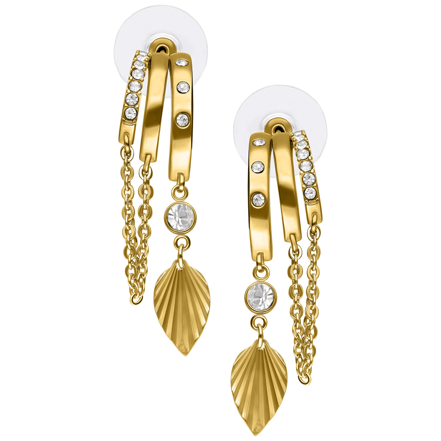 Dos pendientes dorados con colgantes de hoja y cadenas sobre fondo blanco