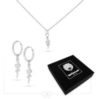 Collar y pendientes plateados con colgantes de serpiente, caja de joyas negra Wildcat