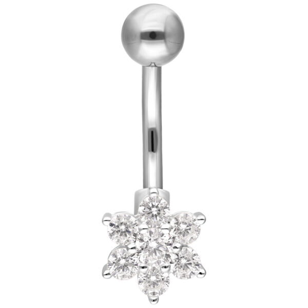 Piercing de ombligo plateado con colgante de cristal en forma de flor