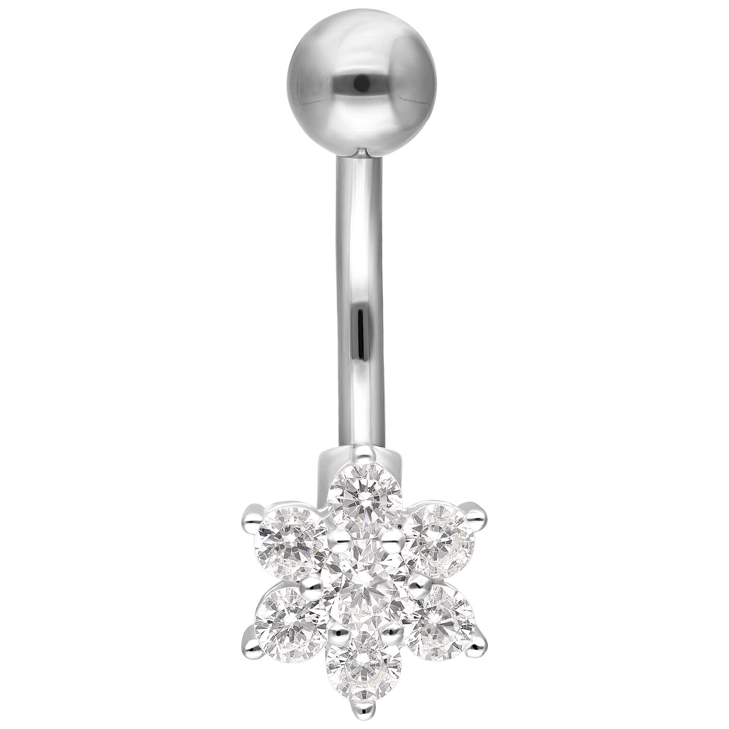 Banana Bell Baby Flower Plateado Piercing de ombligo plateado con colgante de cristal en forma de flor