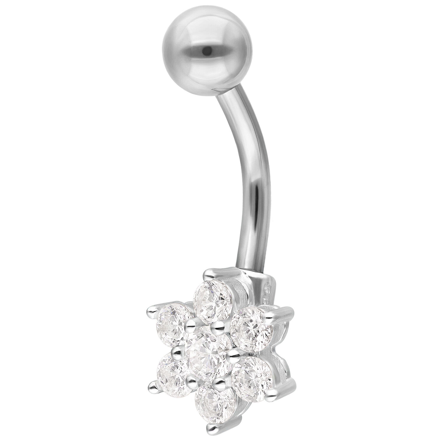Piercing Bananabell Baby Flower Plateado Bananabell plateado con flor de cristal claro sobre fondo blanco