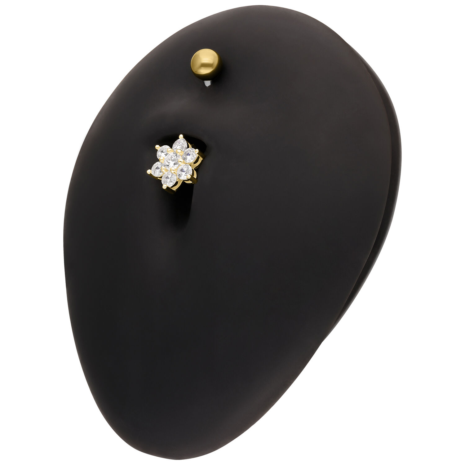 Banana Bell dorado con piedras cristalinas en exhibidor negro