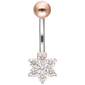Piercing Bananabell de oro rosa con cristales claros sobre fondo blanco