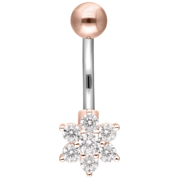 Piercing Bananabell de oro rosa con cristales claros sobre fondo blanco