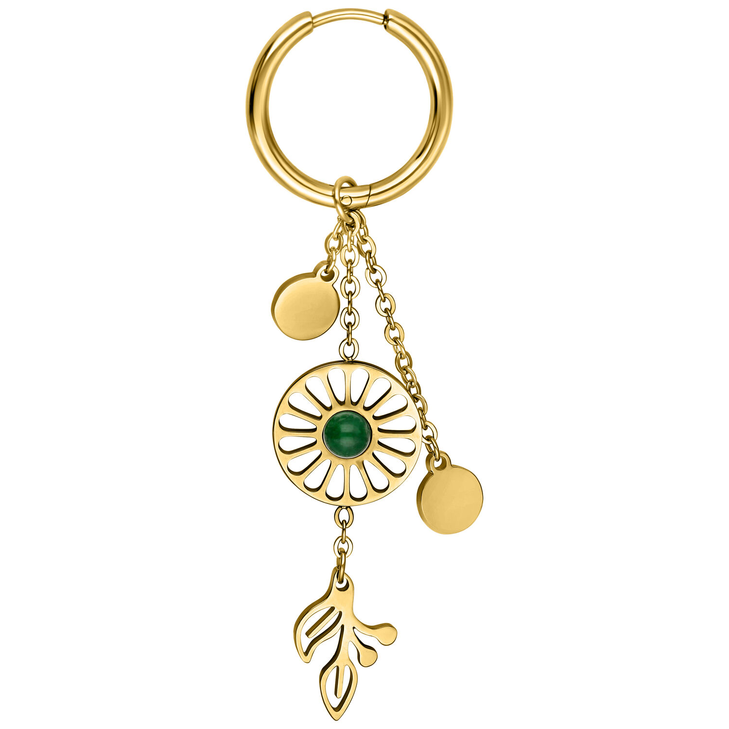Pendiente dorado con colgantes, piedra verde y diseño de hoja sobre fondo blanco