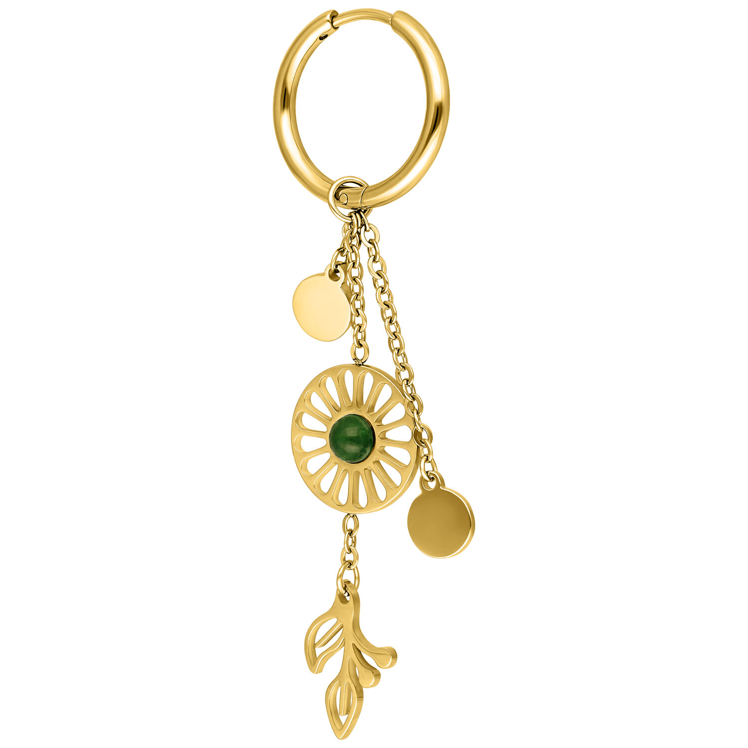 Pendiente dorado con colgante circular, piedra verde y diseño de hojas, sobre fondo blanco