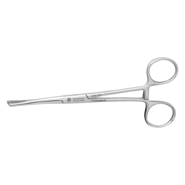 Pinza de piercing de acero inoxidable plateada con mangos rectos sobre fondo blanco