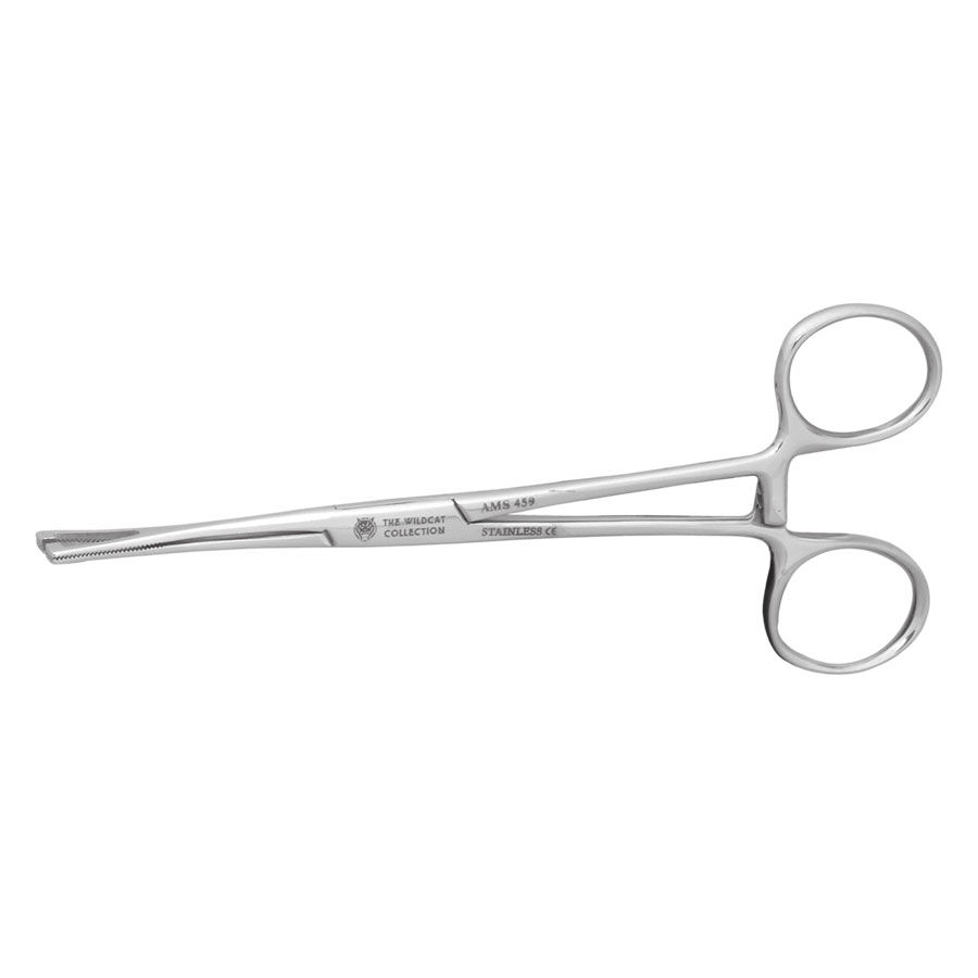 Pinza de piercing de acero inoxidable plateada con mangos rectos sobre fondo blanco