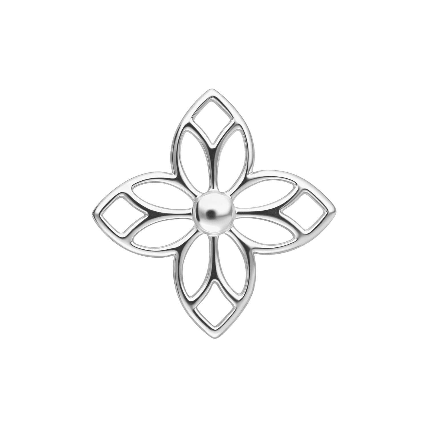 Adorno de flor plateada para piercing Adorno de flor plateada para piercings con diseño simétrico sobre fondo blanco
