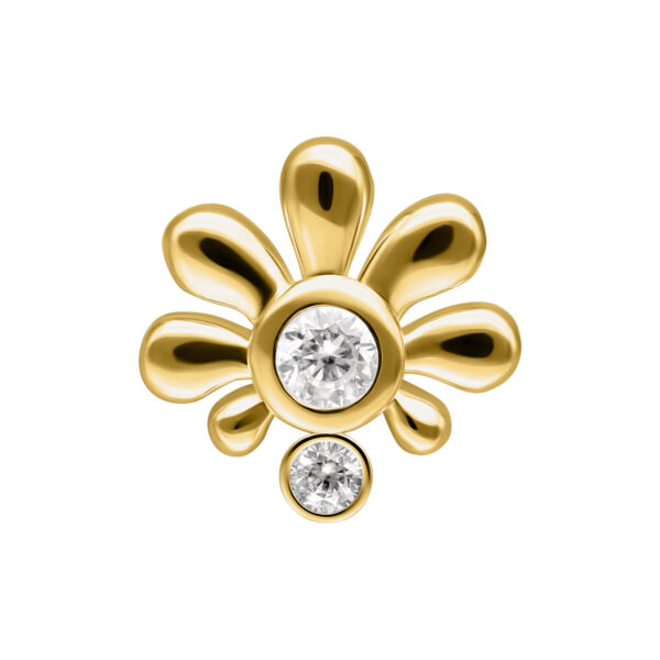 Accesorio de piercing dorado en forma de flor con dos cristales claros