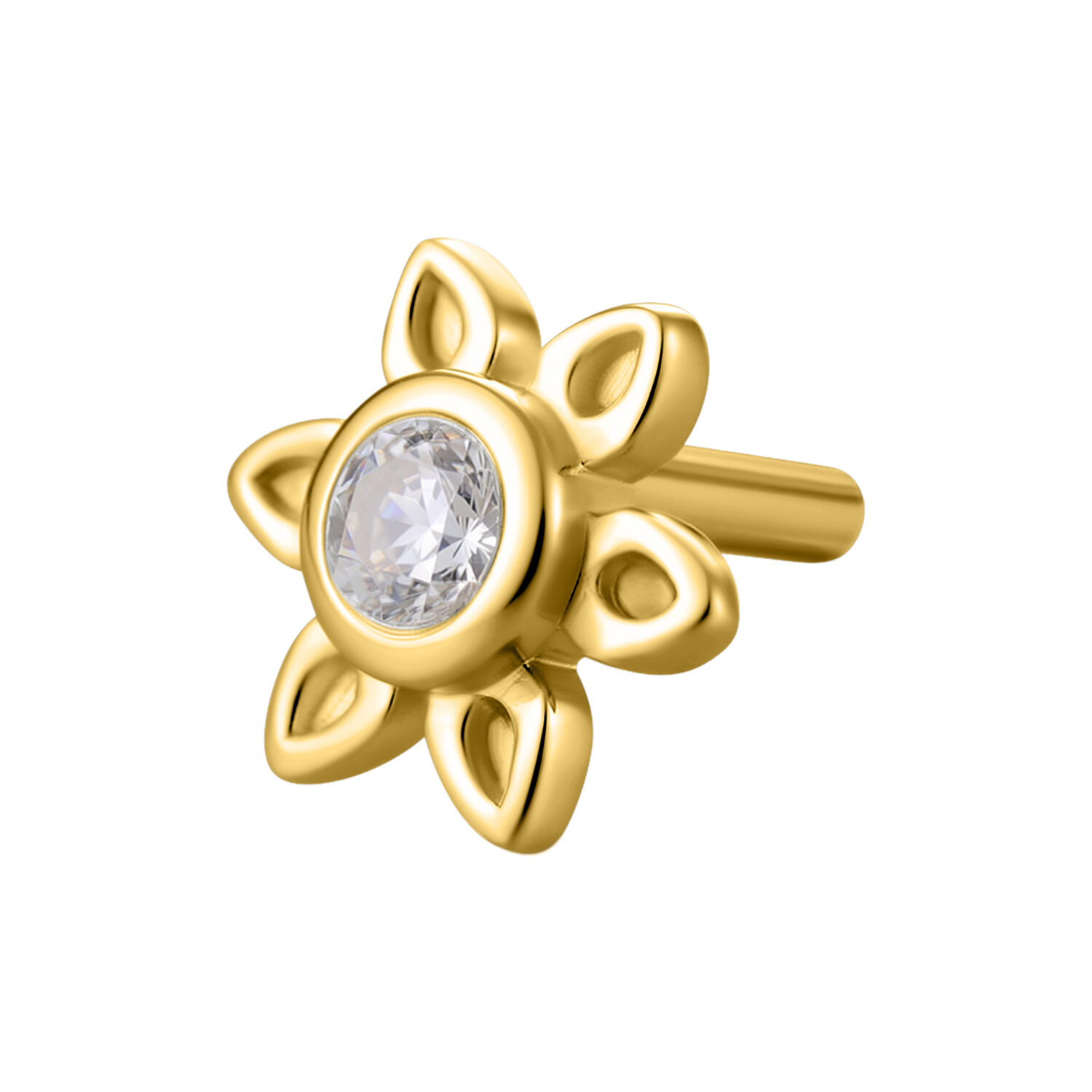 Ajuste de flor dorado con piedra cristalina en el centro sobre fondo blanco