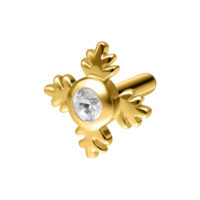 Ajuste de piercing dorado en forma de hoja con cristal claro sobre fondo blanco