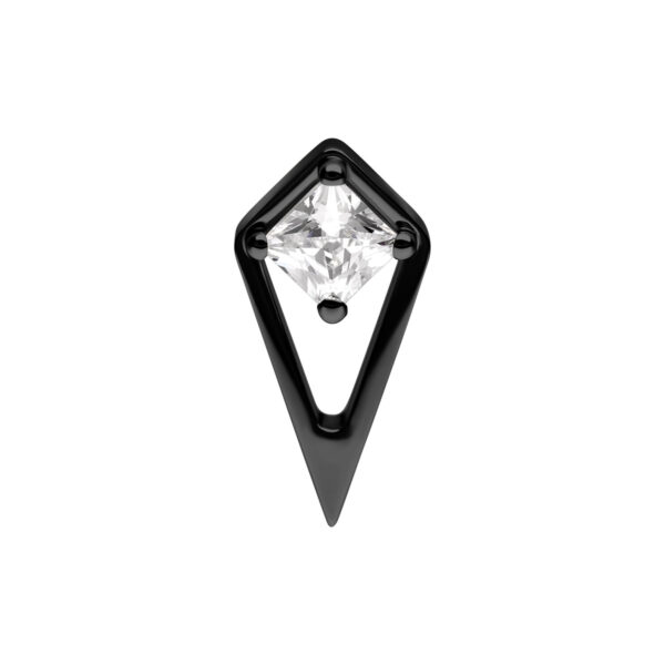Accesorio negro en forma de gota con cristal claro sobre fondo blanco