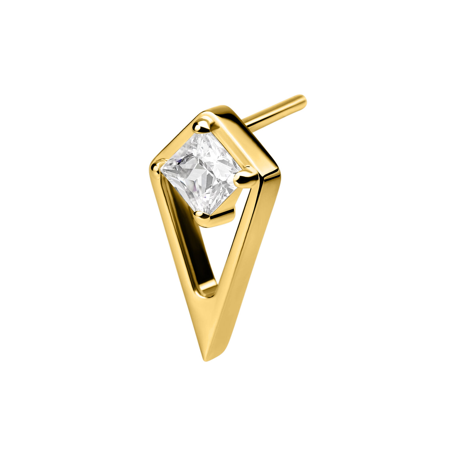 Accesorio de piercing dorado con piedra cristalina sobre fondo blanco