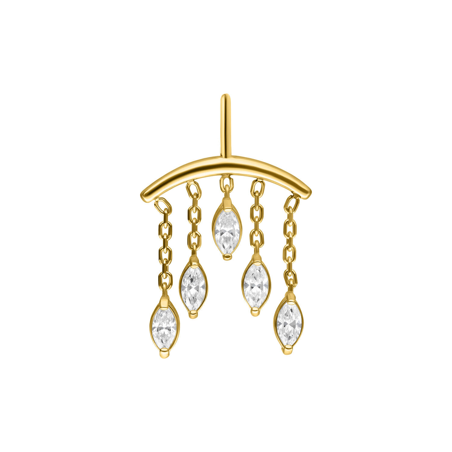 Ajuste Helix Dorado con Colgantes de Cristal Ajuste de piercing dorado con cinco cristales colgantes sobre fondo blanco