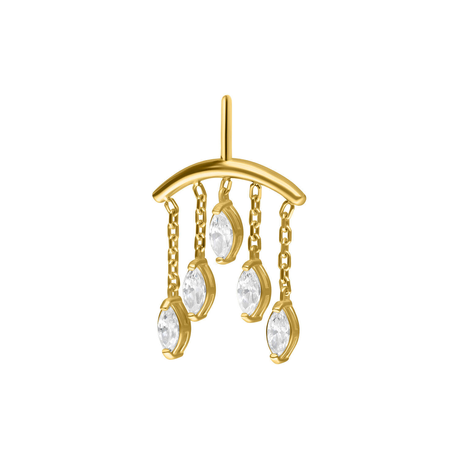 Aro de hélice dorado con gotas de cristal Aro de piercing para hélice dorado con cinco cristales colgantes claros sobre fondo blanco