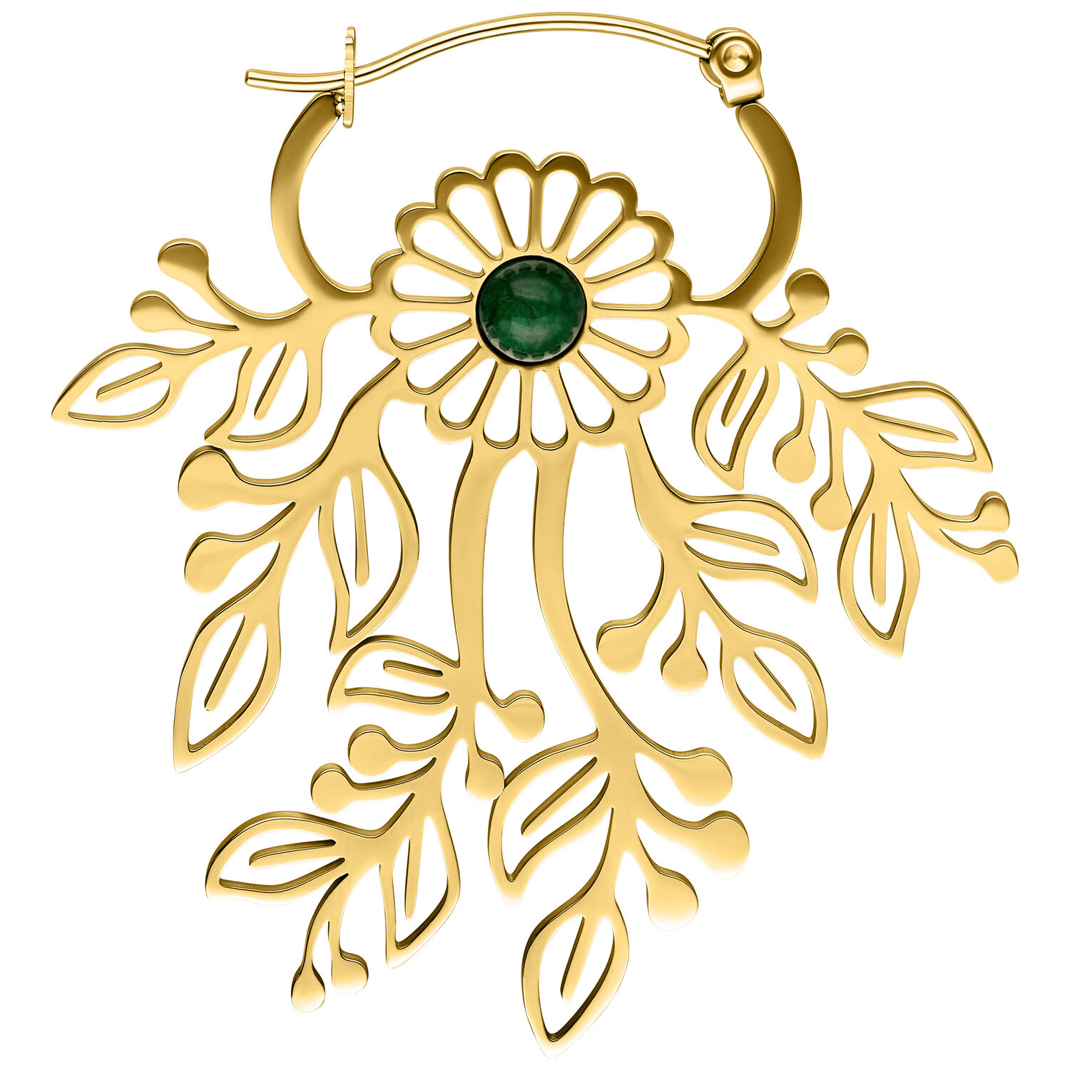 Pendientes dorados con diseño de hojas Pendientes dorados con diseño floral de hojas y piedra verde en el centro sobre fondo blanco
