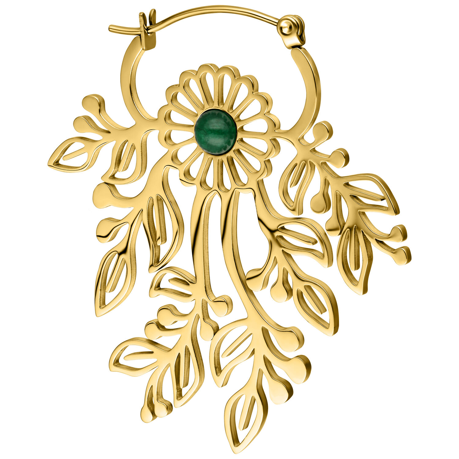Pendientes dorados con diseño de hoja Pendientes dorados con diseño de hoja delicado y piedra verde, sobre fondo blanco