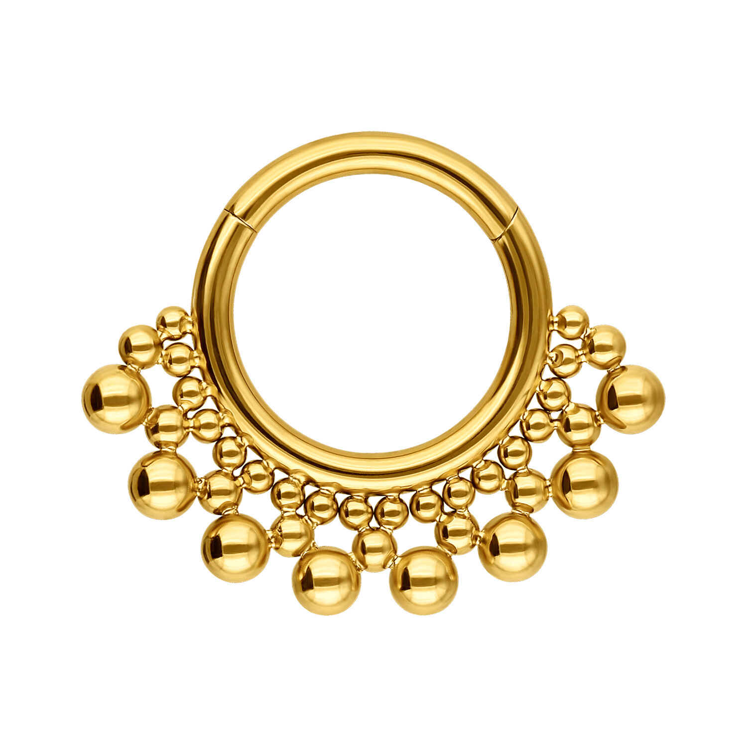 Clicker de septum dorado con adornos de bolas sobre fondo blanco