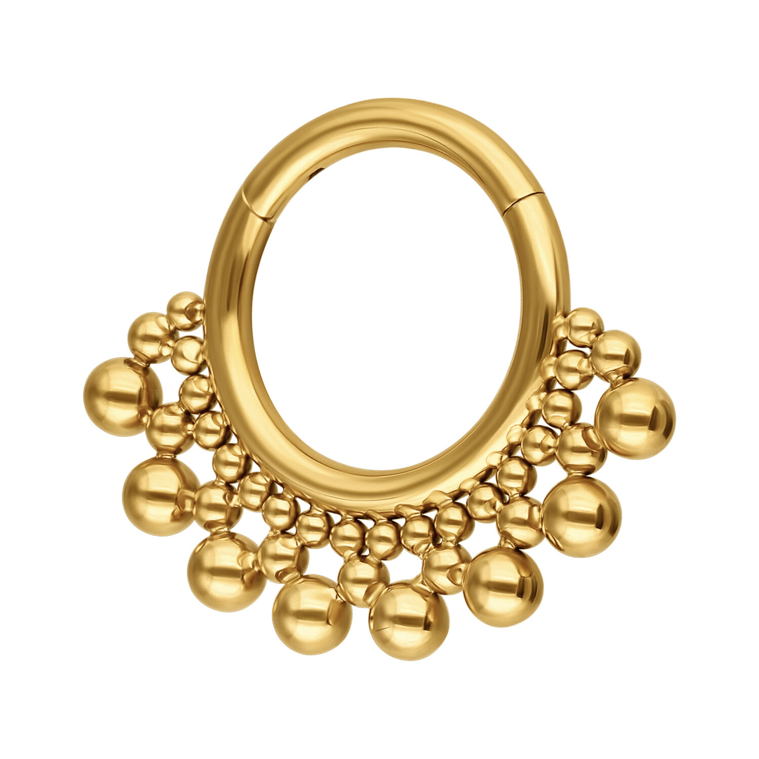 Anillo de piercing dorado con diseño de burbujas sobre fondo blanco