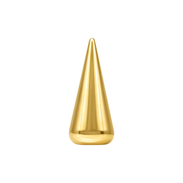 Accesorio metálico cónico dorado sobre fondo blanco, brillante
