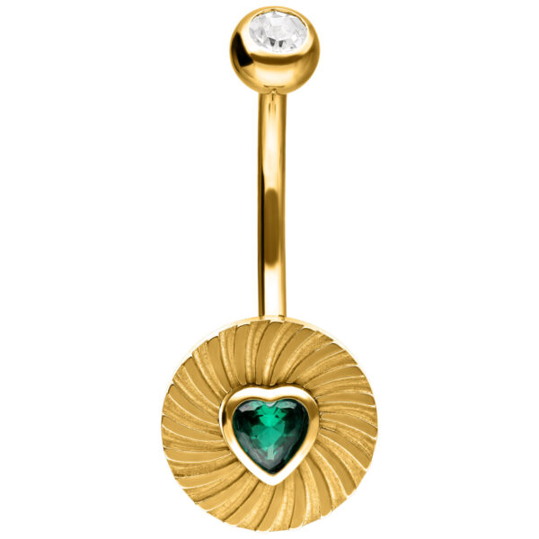 Banana bell dorado con un corazón verde esmeralda y cristal, sobre fondo blanco