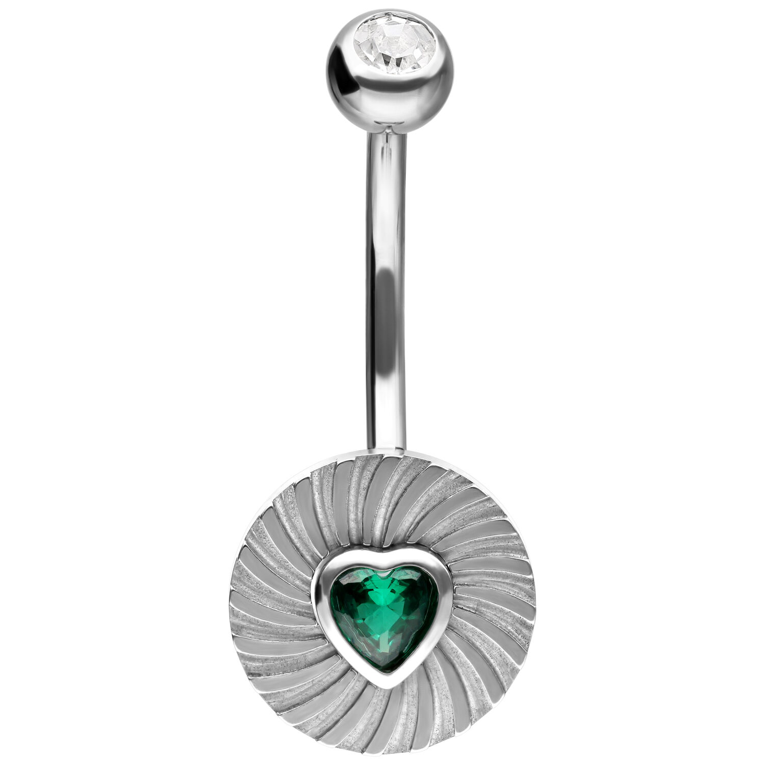 Bananabell plateado con diseño de corazón estriado y piedra verde esmeralda sobre fondo blanco