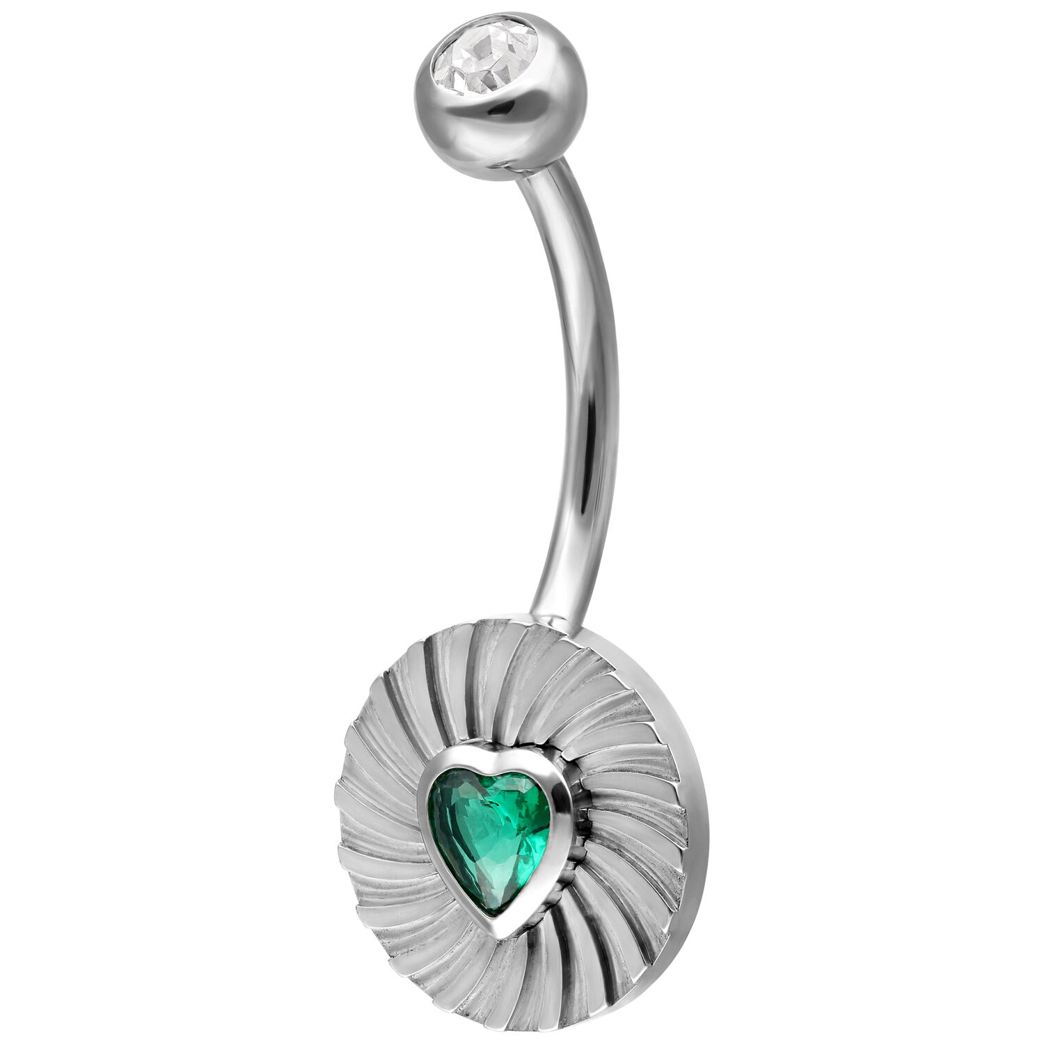 Banana Bell de titanio plateado con corazón verde esmeralda y cristal claro sobre fondo blanco