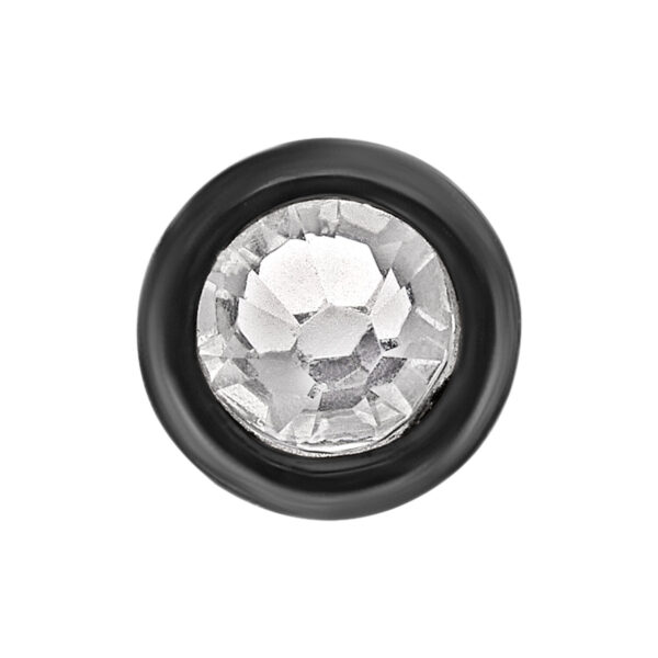 Accesorio redondo de titanio negro con cristal claro sobre fondo blanco