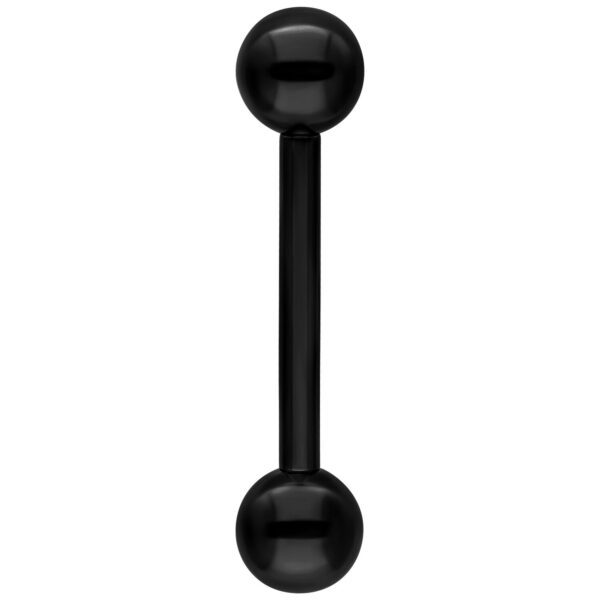 Barbell negro de titanio con dos bolas, posicionado verticalmente sobre fondo blanco