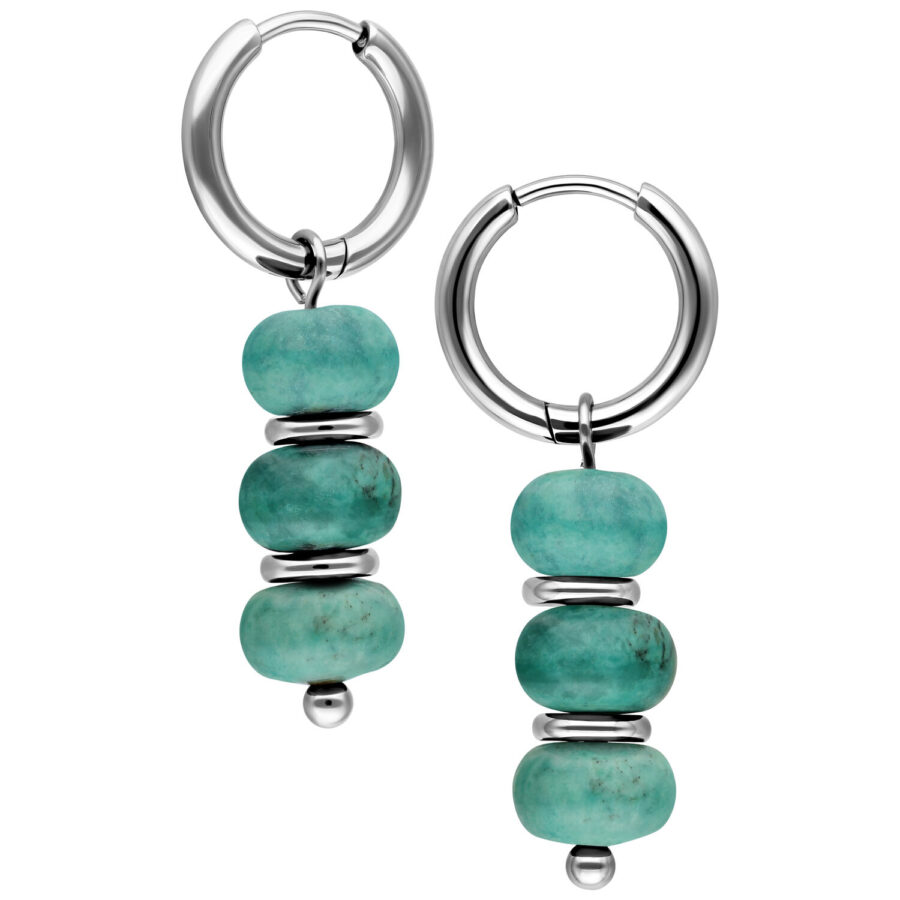 Pendientes de plata con tres piedras turquesas sobre fondo blanco