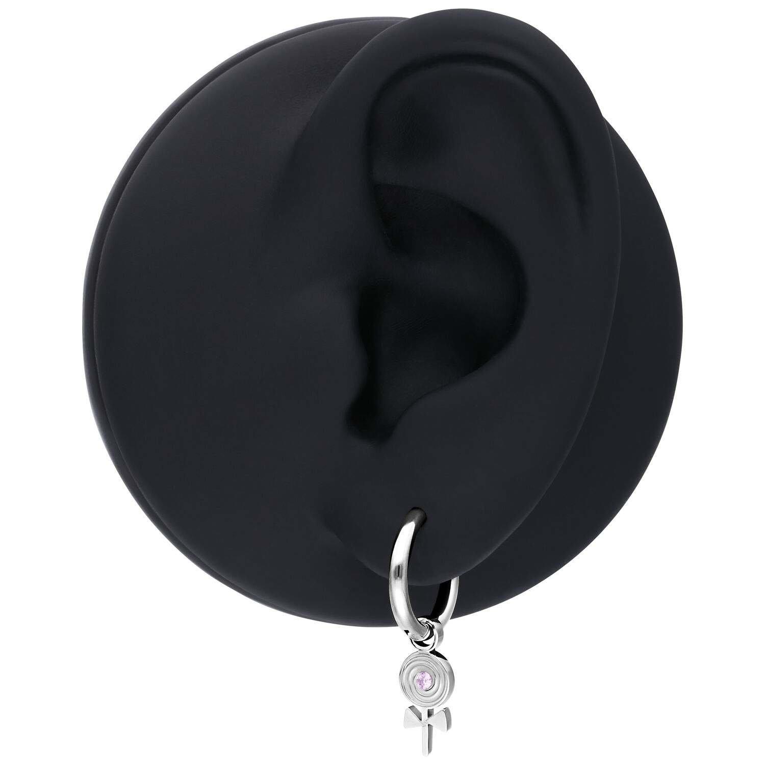 Mini Lollipop Aros de Plata Pendiente de plata con colgante en un expositor de oreja negro