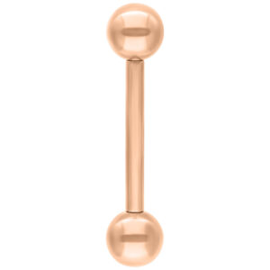Piercing de oro rosa con dos bolas, vertical sobre fondo blanco