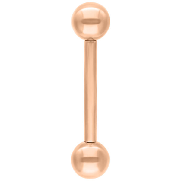 Piercing de oro rosa con dos bolas, vertical sobre fondo blanco