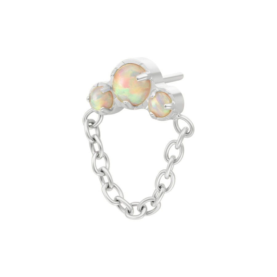 Colgante de ópalo en oro blanco con dos piedras de ópalo y cadena sobre fondo blanco