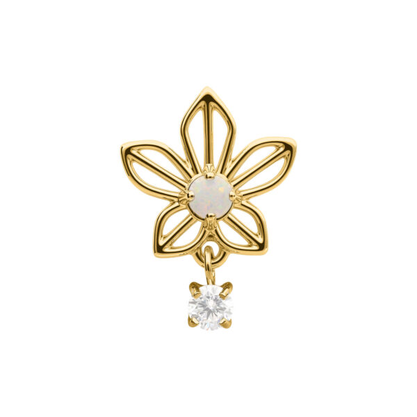 Aplique dorado para piercing en forma de flor de jazmín con ópalo y circonita colgante