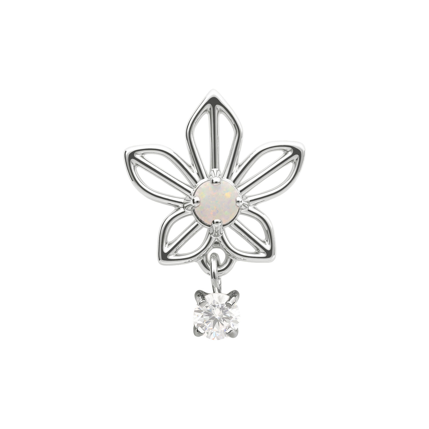 Aplique de jazmín en oro blanco con ópalo Aplique de flor de jazmín en oro blanco con ópalo sintético colgante sobre fondo blanco