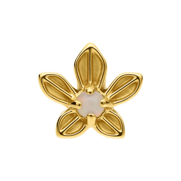 Aplique de flor de jazmín dorado con ópalo sintético en el centro sobre fondo blanco