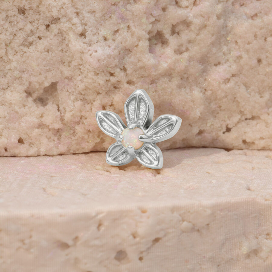 Plata flor con piedra opalina, sobre piedra rosa