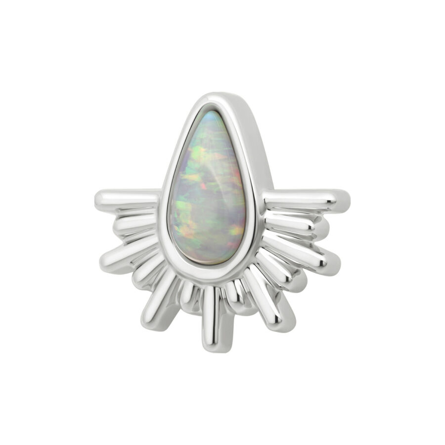 Aplique de oro blanco con ópalo sintético y diseño de rayos de sol